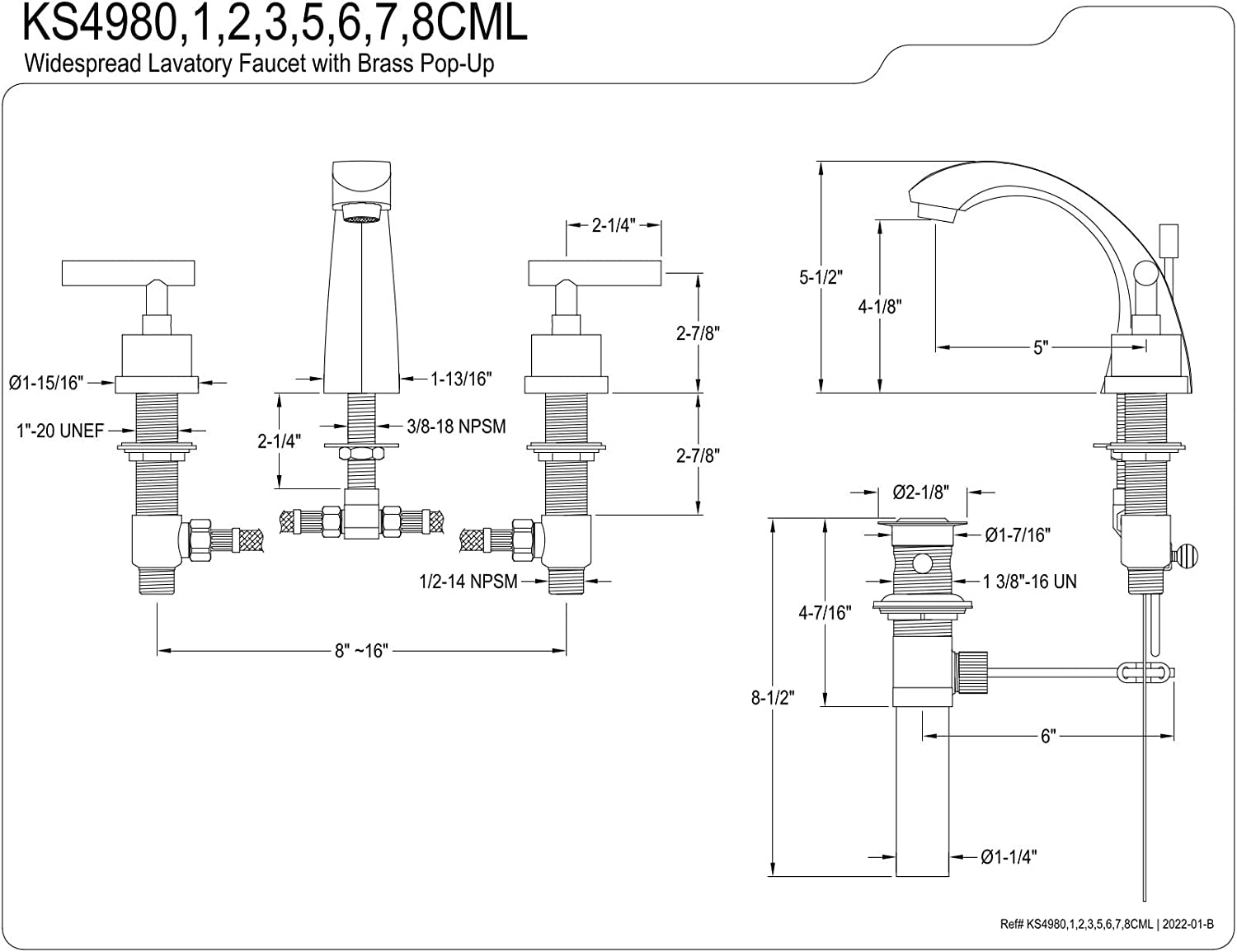 Kingston Brass KS4987CML Manhattan 8 in. Widespread Bathroom Faucet, Brushed Brass