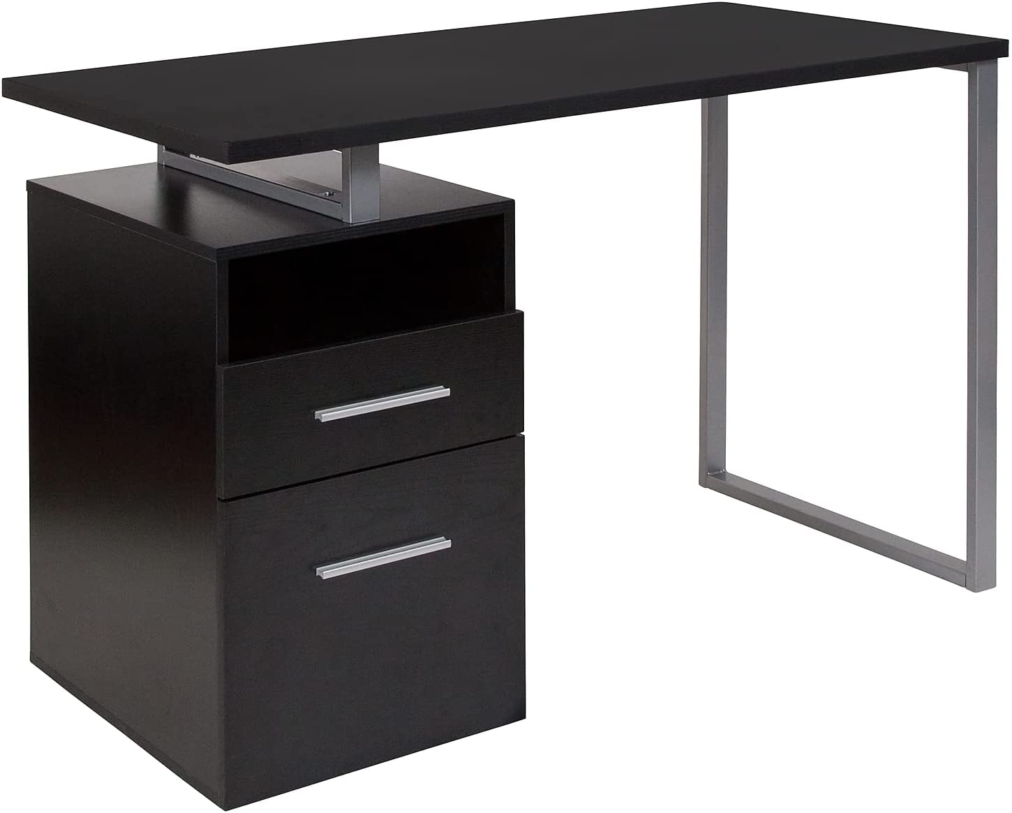 Flash Furniture Harwood Dark Ash Wood Grain Finish Computer Desk with Two Drawers and Silver Metal Frame
