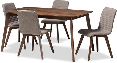 Baxton Studio Sugar Mid-Century Modern Light Grey Fabric Upholstered Walnut Wood Finished 5-Piece Dining Set