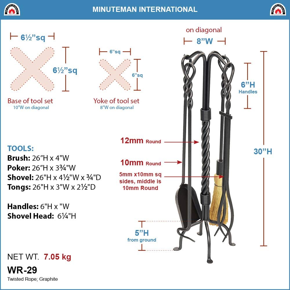 Minuteman International Twisted Rope 5-piece Wrought Iron Fireplace Tool Set, Roman Bronze