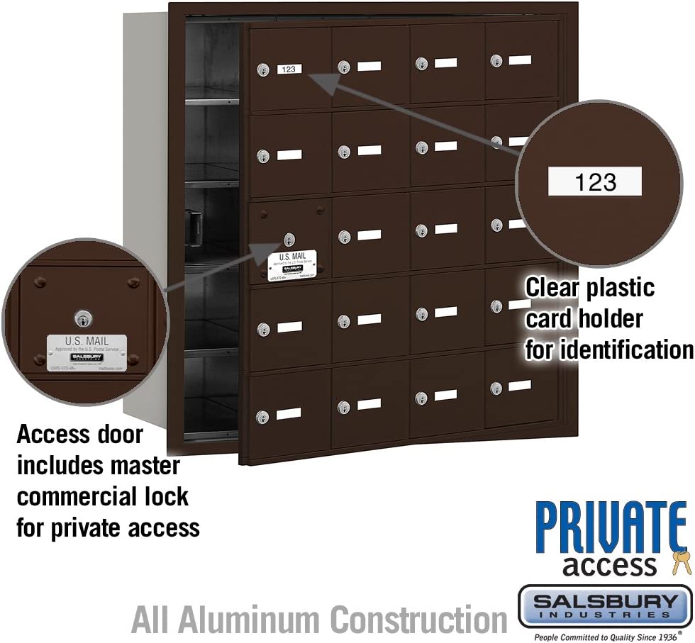 Salsbury Industries 3620ZFP 4B Plus Horizontal Mailbox with Master Commercial Lock, 20 A Doors 19 Usable, Front Loading, Private Access, Bronze