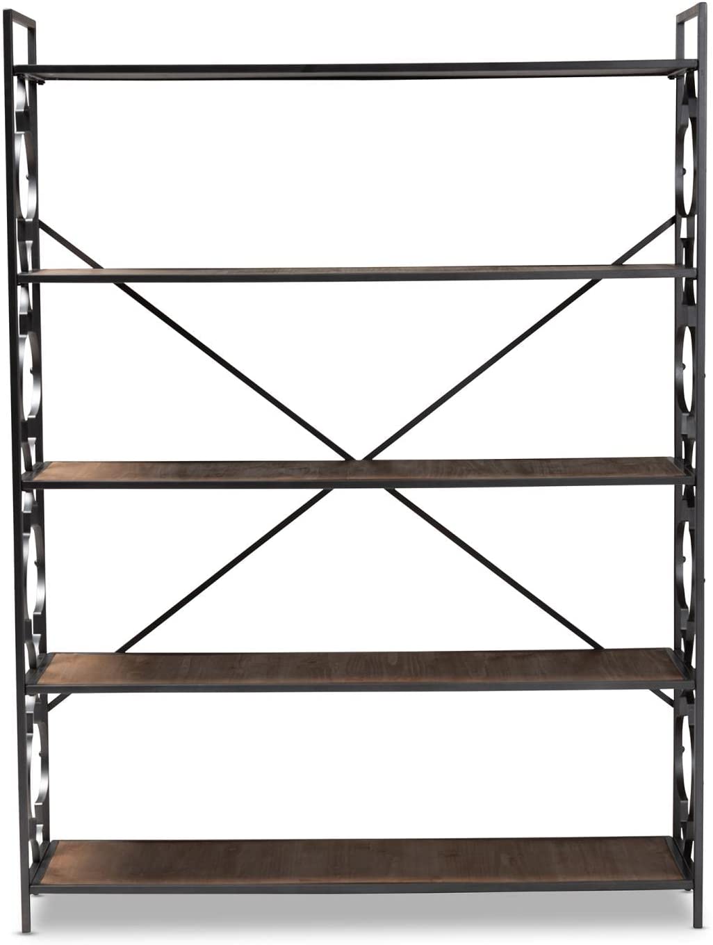 Baxton Studio Mirna Industrial Black Iron Metal and Natural Oak Wood 5-Shelf Quatrefoil Accent Bookcase