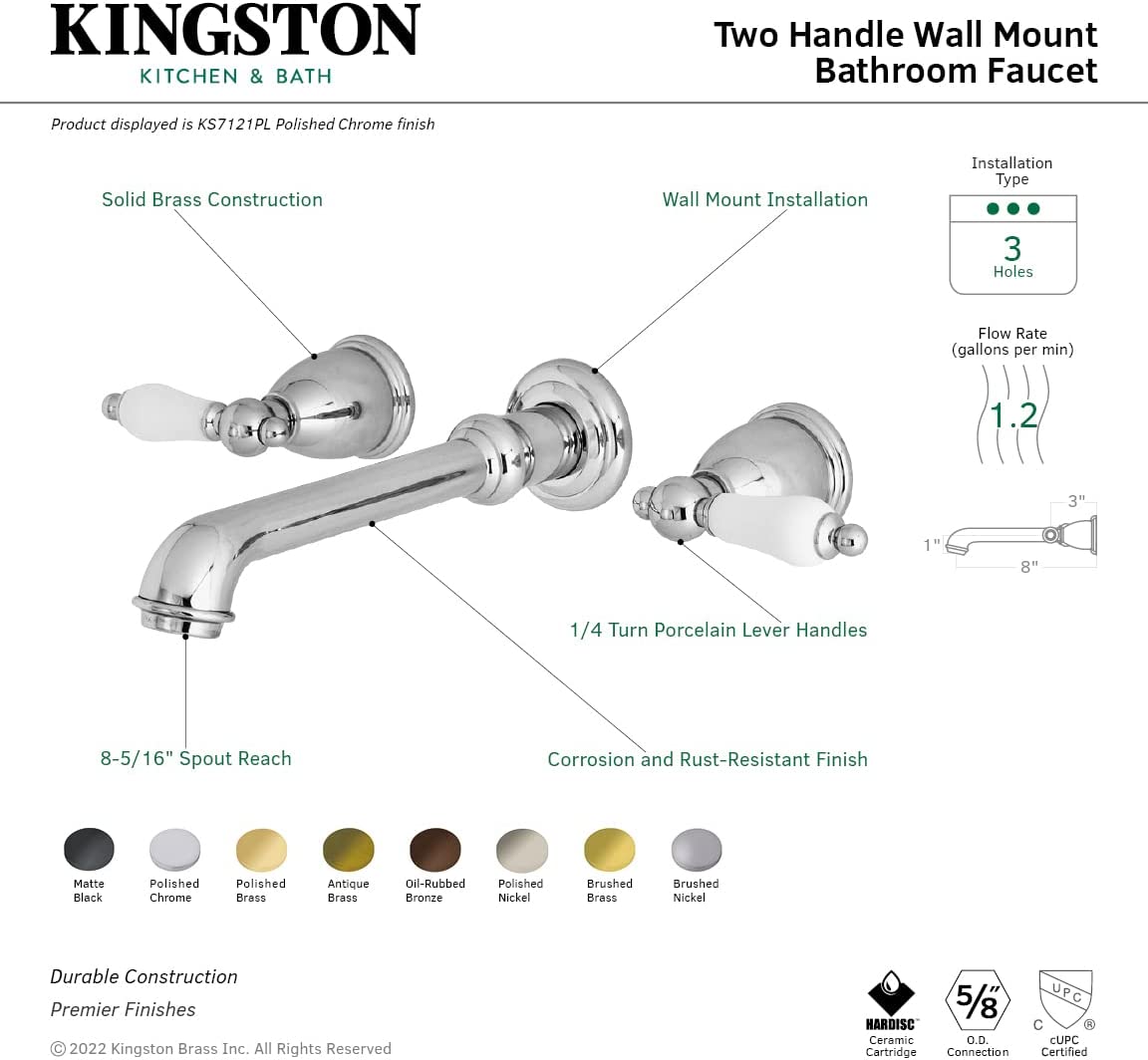 Kingston Brass KS7123PL 8-Inch Center Wall Mount Bathroom Faucet, Antique Brass