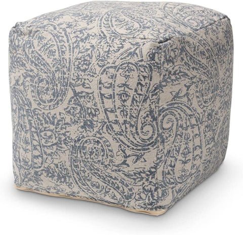 Baxton Studio Juvita Modern and Contemporary Grey and Blue Handwoven Cotton Paisley Pouf Ottoman