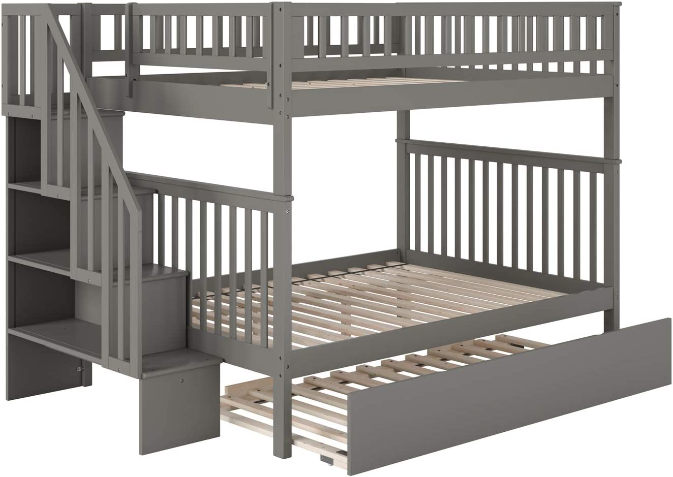 Atlantic Furniture Woodland Staircase Bunk Bed Full Over Full with Twin Size Urban Trundle Bed in Grey