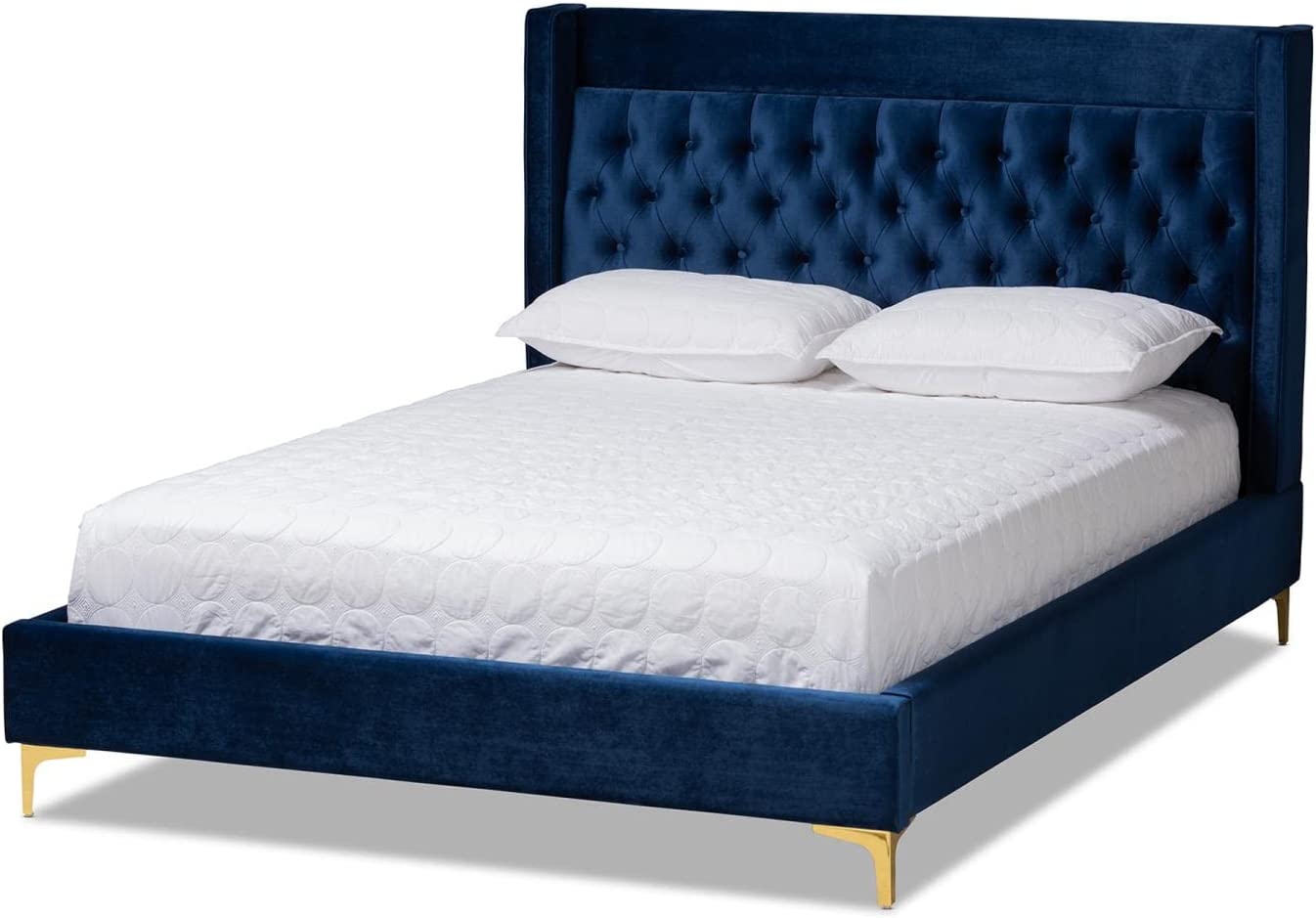 Baxton Studio Valery Modern and Contemporary Navy Blue Velvet Fabric Upholstered Queen Size Platform Bed with Gold-Finished Legs