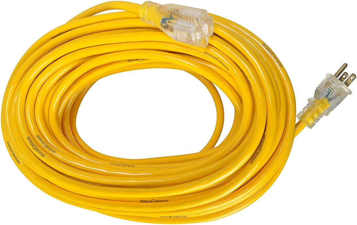 Yellow Jacket 2885 12/3 Heavy-Duty 15-Amp Premium SJTW Contractor Extension Cord with Lighted End, Ideal use With Heavy Duty Equipment and Tools, Durable Molded Plugs, 100 Feet, Yellow