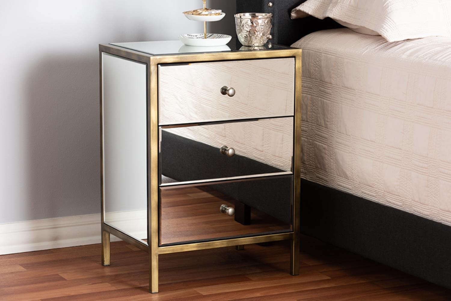 Baxton Studio Nouria Modern and Contemporary Hollywood Regency Glamour Style Mirrored 3-Drawer Nightstand Bedside Table