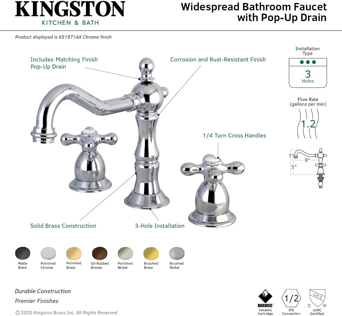 Kingston Brass KS1978AX Heritage Widespread Lavatory Faucet with Metal Cross Handle, Brushed Nickel