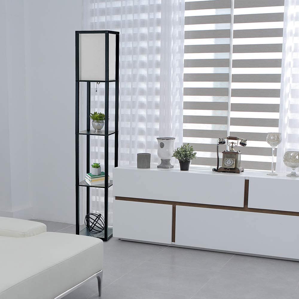 Simple Designs LF1014-BLK Etagere Organizer Storage Shelf Linen Shade Floor Lamp, Black