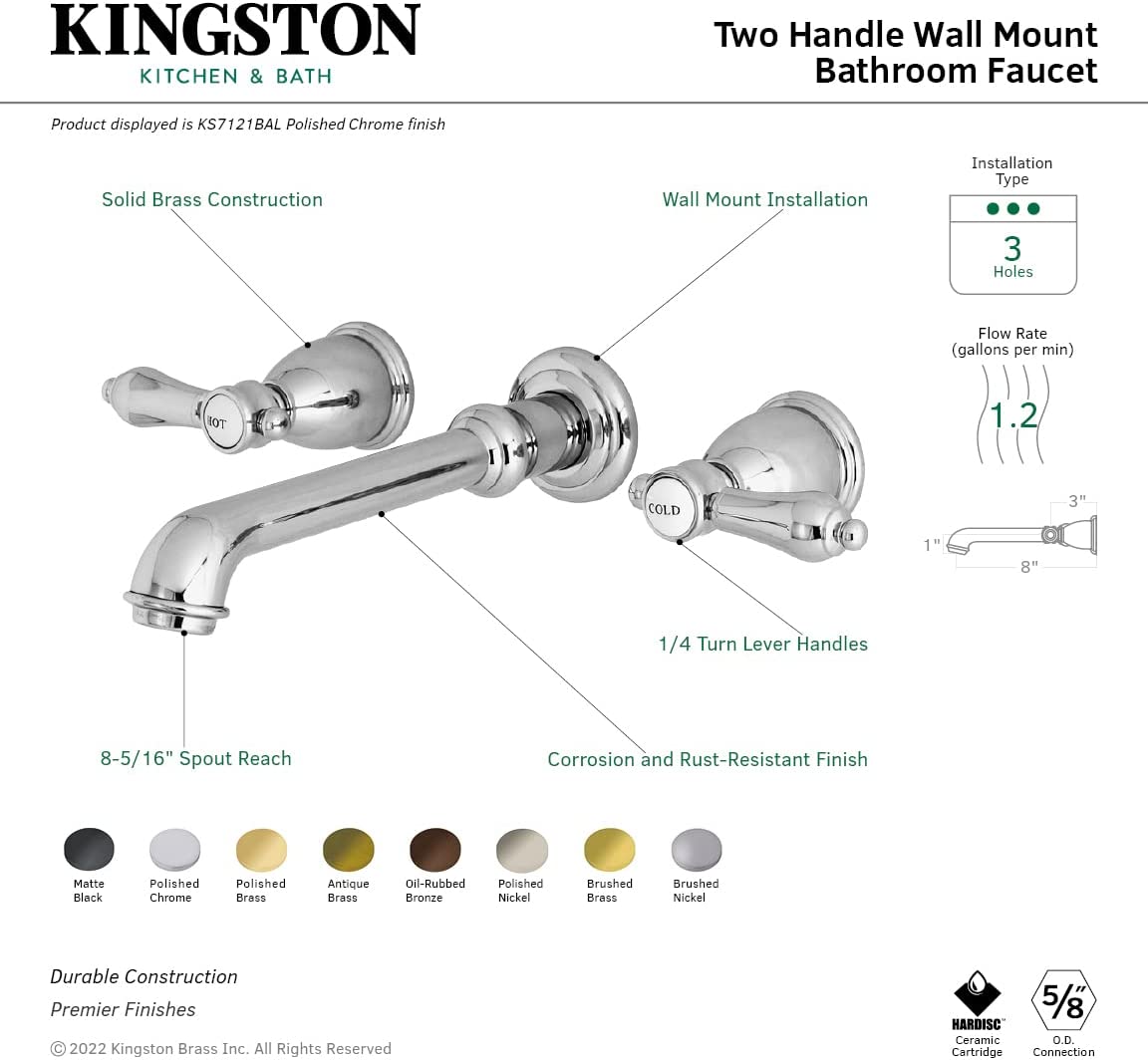 Kingston Brass KS7123BAL 8-Inch Center Wall Mount Bathroom Faucet, Antique Brass