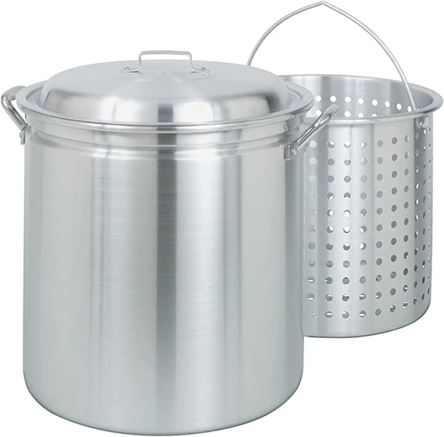 Bayou Classic 4060 60-qt Aluminum Stockpot w/ Basket Features Domed Vented Lid Heavy Riveted Handles Perforated Aluminum Basket Perfect For Boiling Steaming and Canning