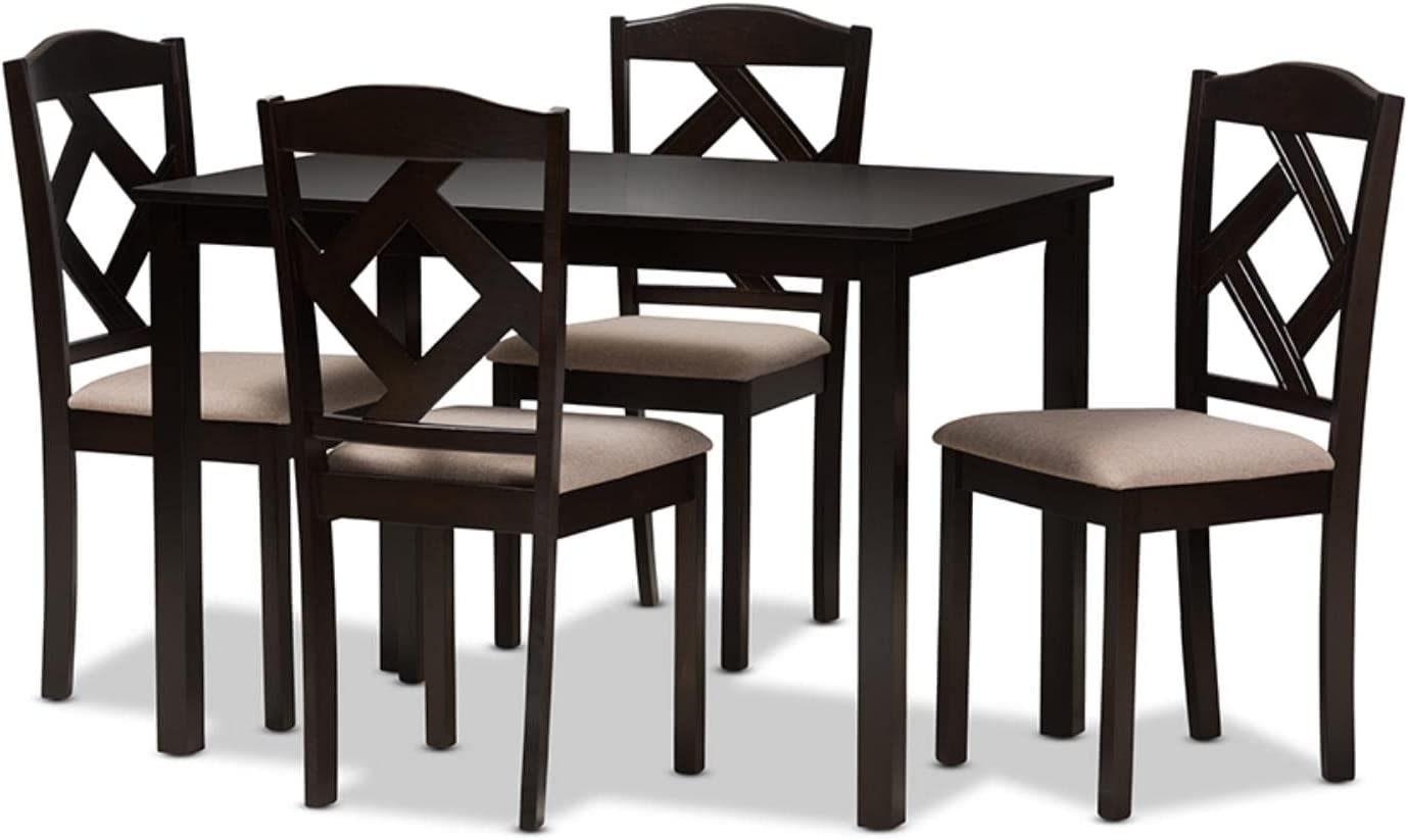Baxton Studio Ruth Modern and Contemporary Beige Fabric Upholstered and Dark Brown Finished 5-Piece Dining Set Beige//Medium Wood/Contemporary/Table/Fabric Polyester 100%&#34;/Solid Rubber Wood/Foam
