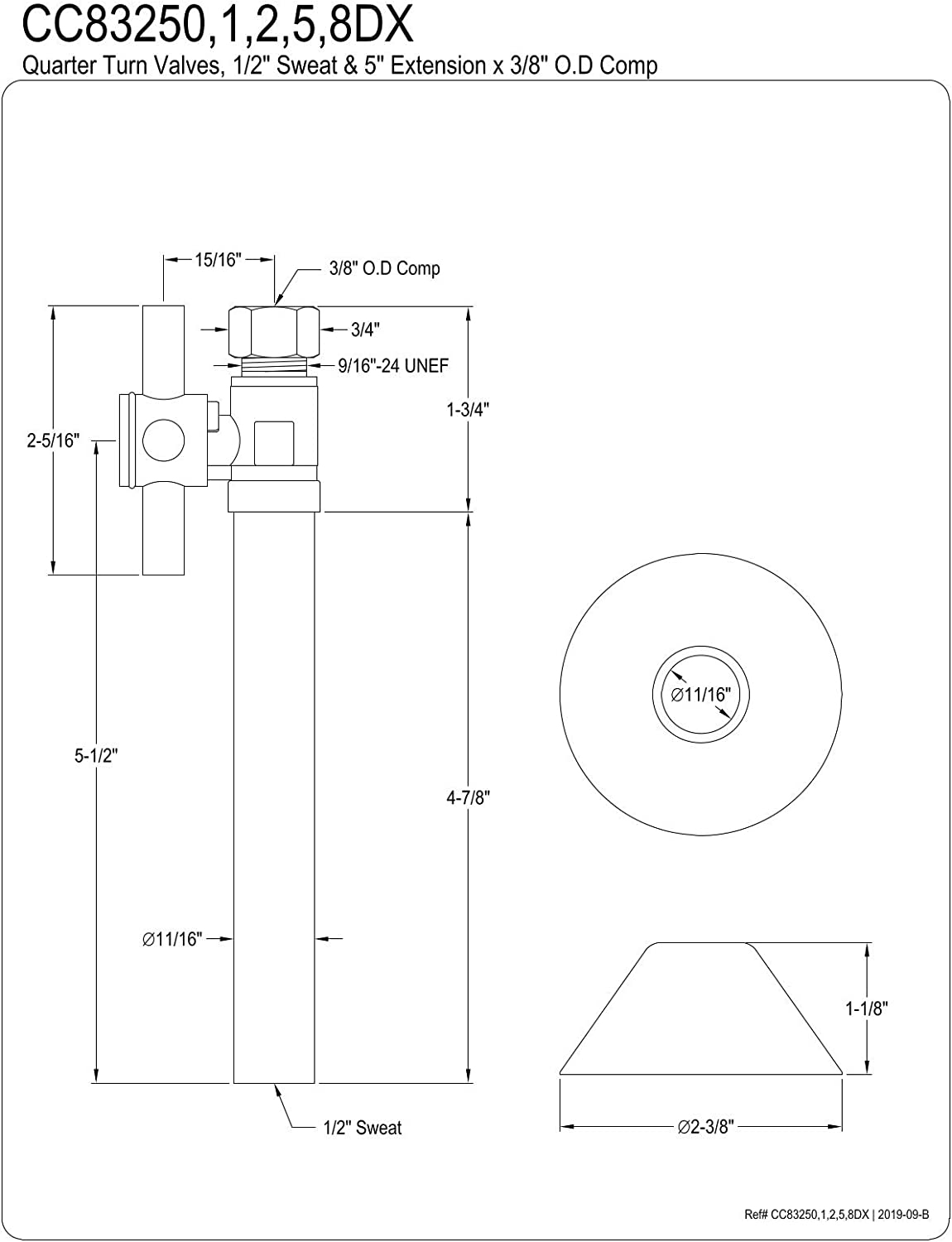 Kingston Brass CC83255DX Concord 1/2-Inch Sweat x 3/8-Inch O.D. Comp Straight Shut Off Valve with 5-Inch Extension, Oil Rubbed Bronze