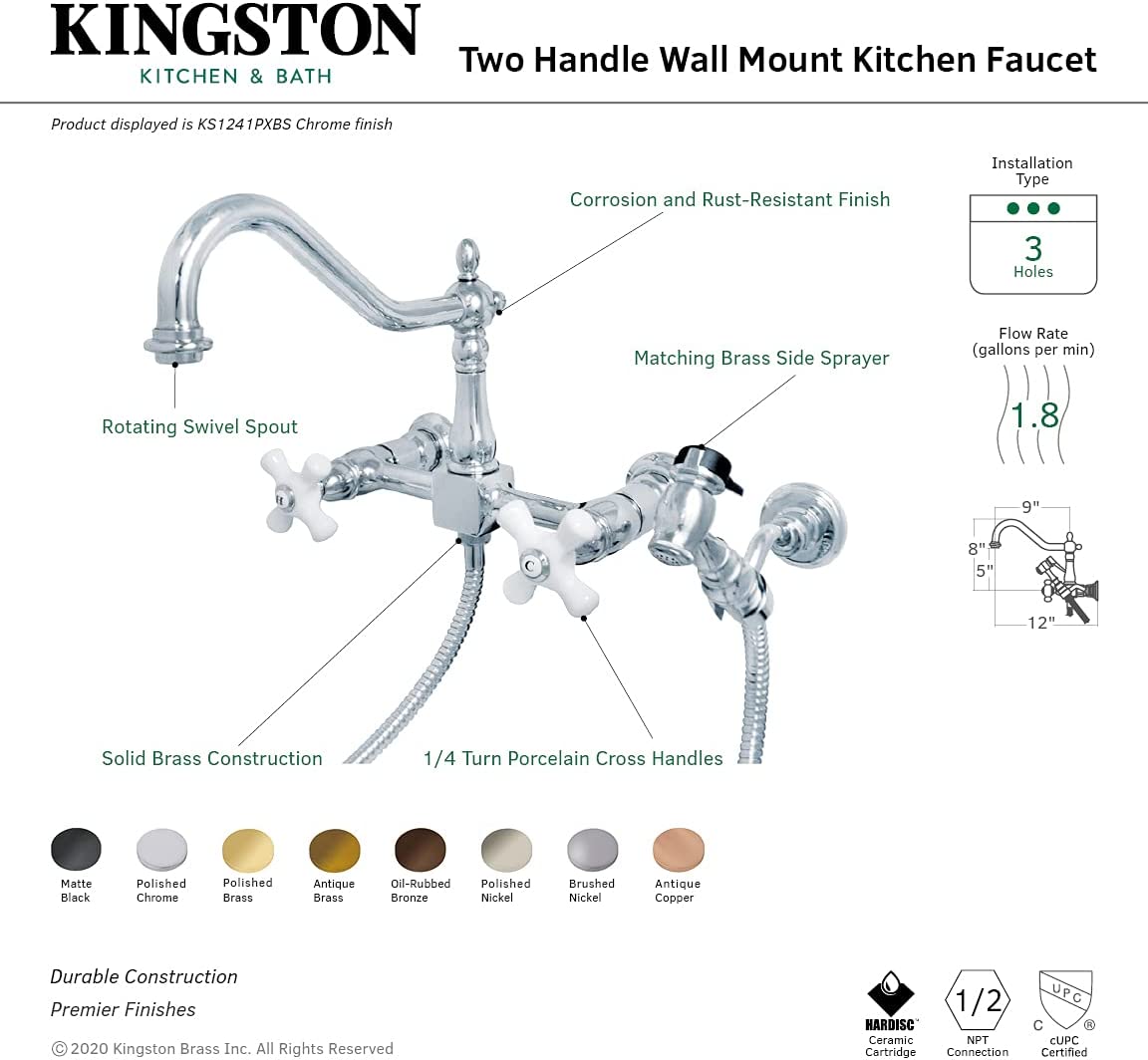 Kingston Brass KS1245PXBS Heritage Bridge Kitchen Faucet, 8-1/2&#34;, Oil Rubbed Bronze