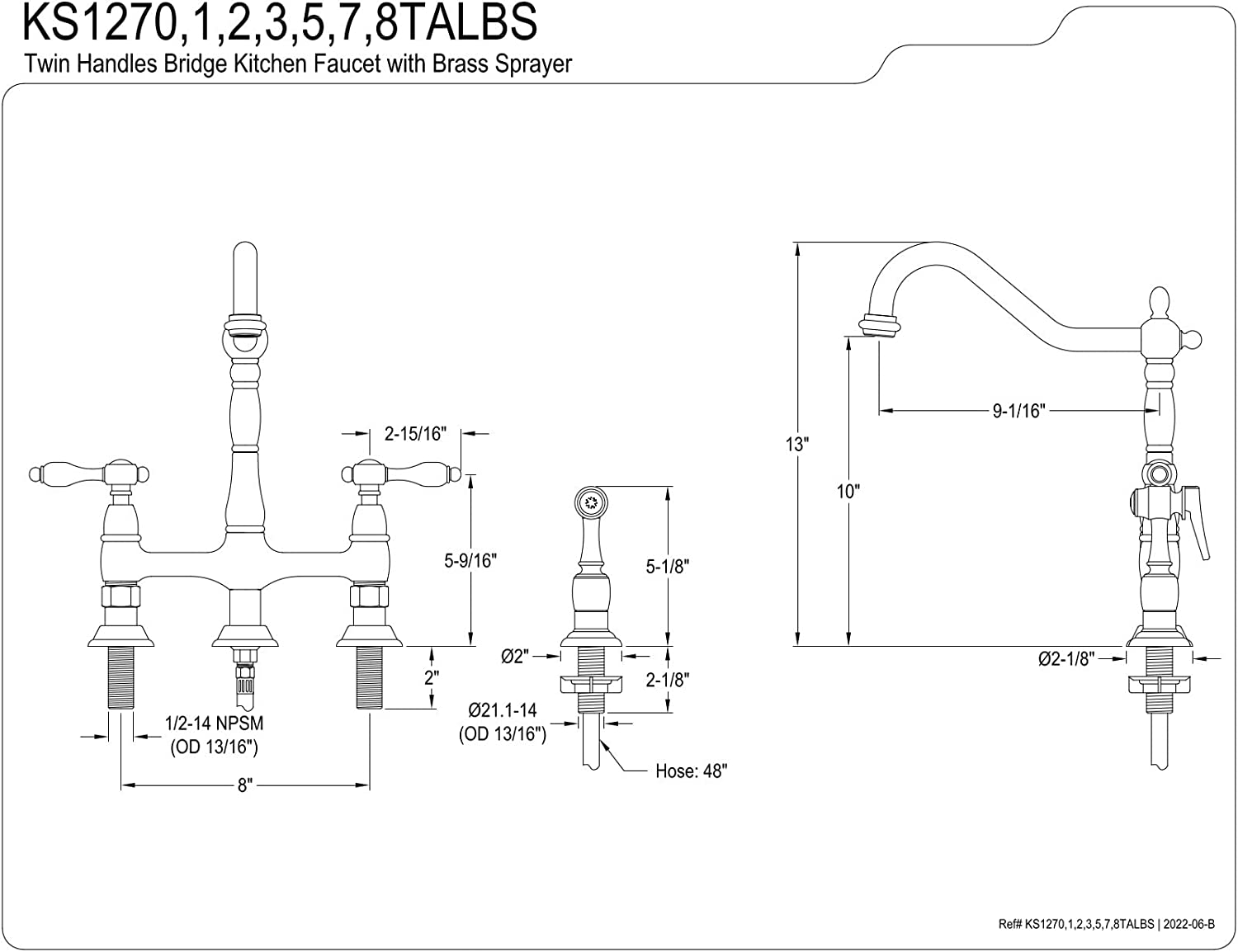 Kingston Brass KS1271TALBS Tudor 8 Inch Center Kitchen Faucet With Brass Sprayer, Polished Chrome, 8-3/4 inch in Spout Reach, Polished Chrome