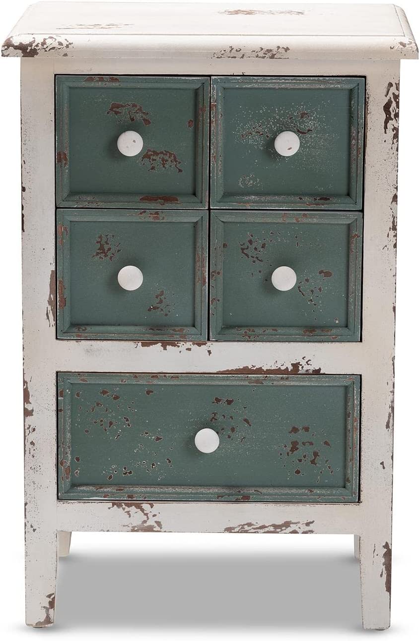 Baxton Studio Angeline Antique French Country Cottage Distressed White and Teal Finished Wood 5-Drawer Accent Chest