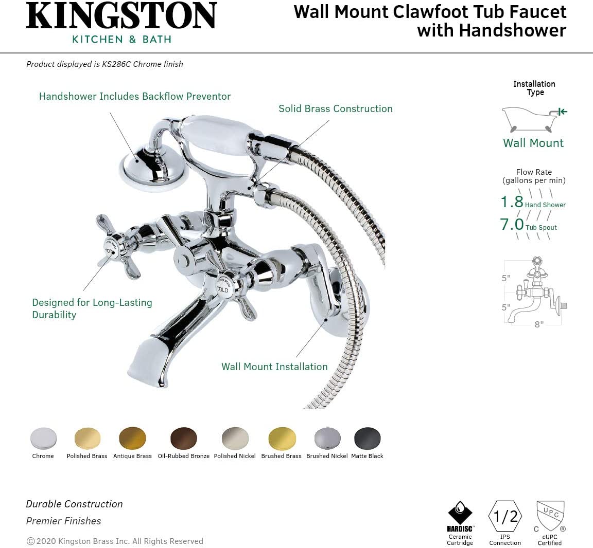 Kingston Brass KS286MB Essex Clawfoot Tub Faucet, Matte Black