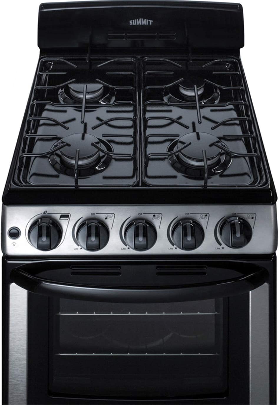 Summit Appliance PRO201SS 20" Wide Gas Range in Stainless Steel with Electronic Ignition (Spark), Indicator Lights, Backguard, Porcelain Construction, Upfront Controls, Oven Window, and Sealed Burners