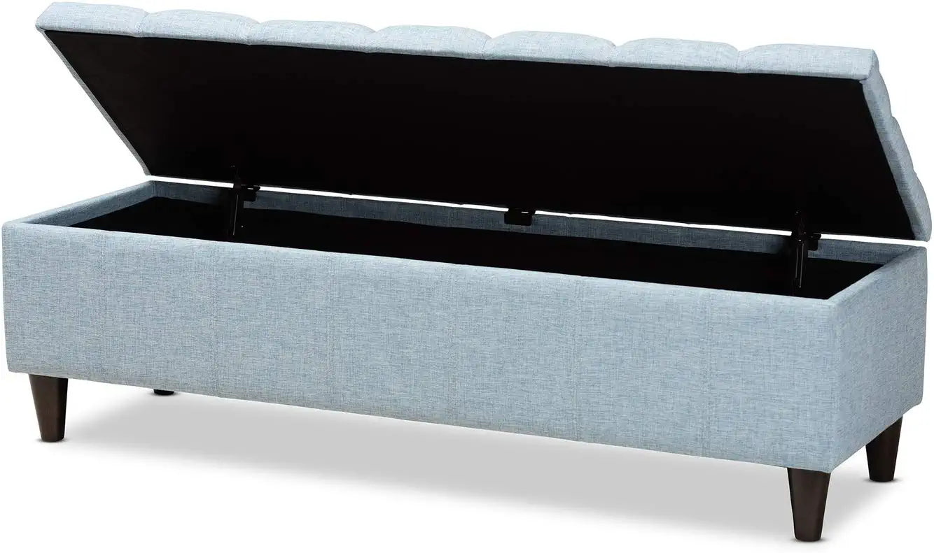 Baxton Studio Brette Mid-Century Modern Light Blue Fabric Upholstered Dark Brown Finished Wood Storage Bench Ottoman