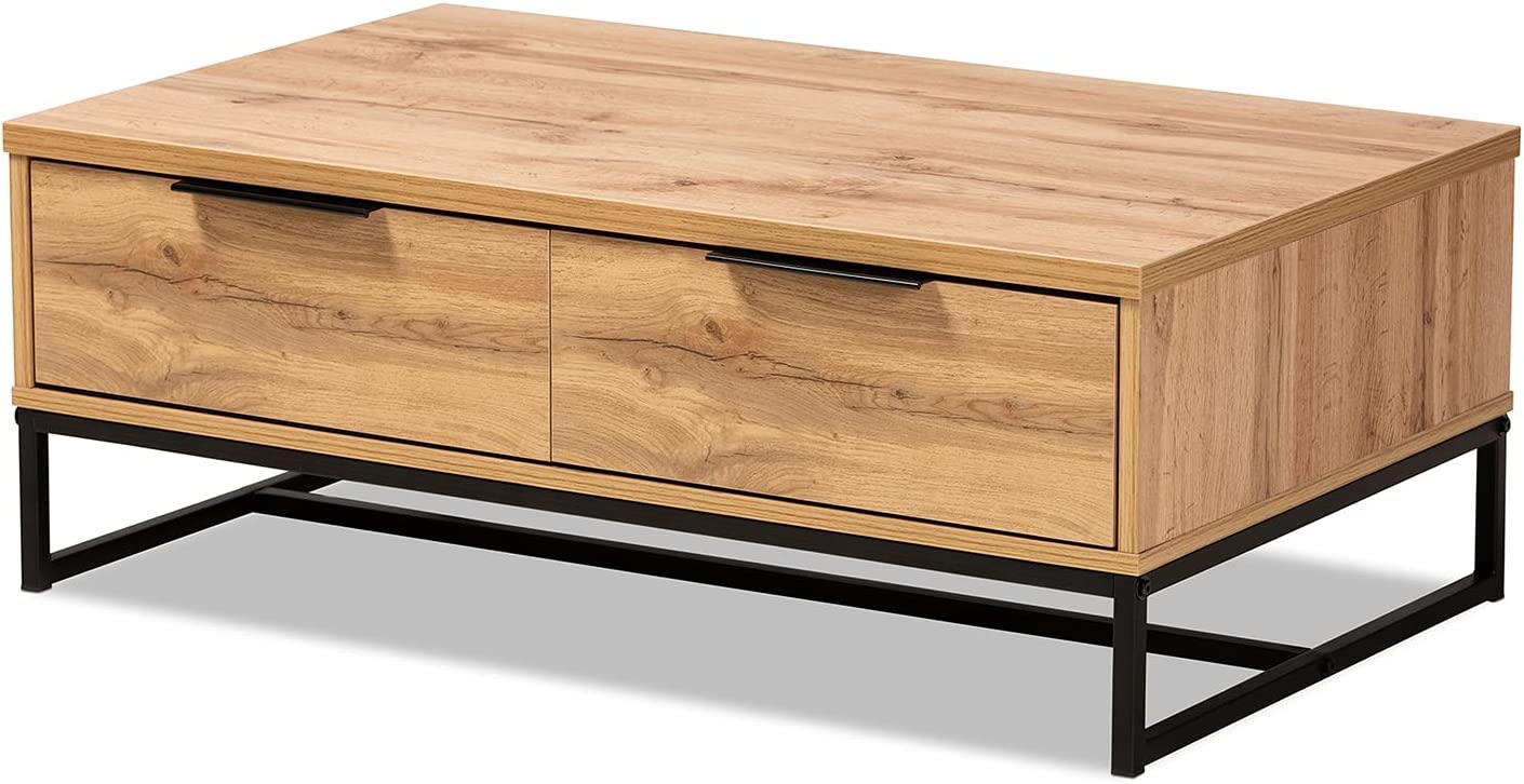 Baxton Studio Franklin Modern and Contemporary Oak Brown Finished Wood and Black Finished Metal 2-Drawer Coffee Table