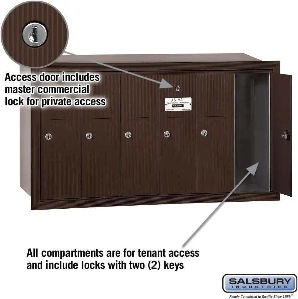 Salsbury Industries 3506ZRP Recessed Mounted Vertical Mailbox with Master Commercial Lock, Private Access and 6 Doors, Bronze