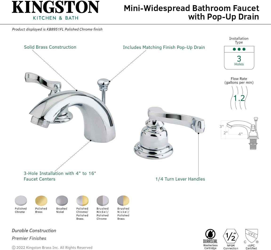 Kingston Brass KB8954FL Royale Mini-Widespread Bathroom Faucet, Polished Chrome/Polished Brass