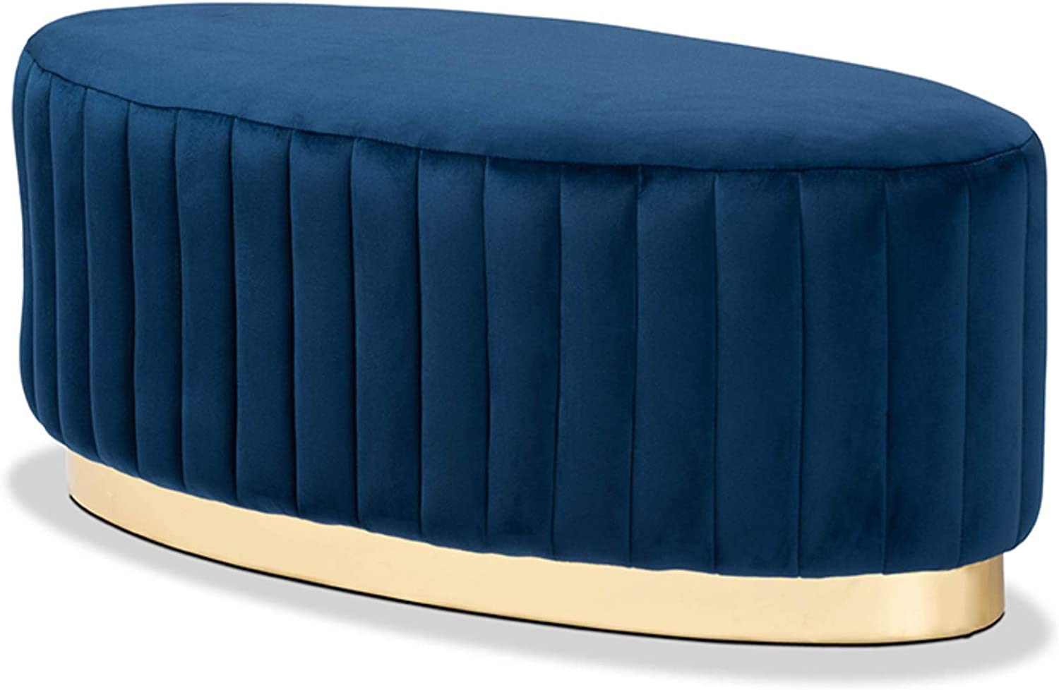 Baxton Studio Kirana Glam and Luxe Navy Blue Velvet Fabric Upholstered and Gold PU Leather Ottoman