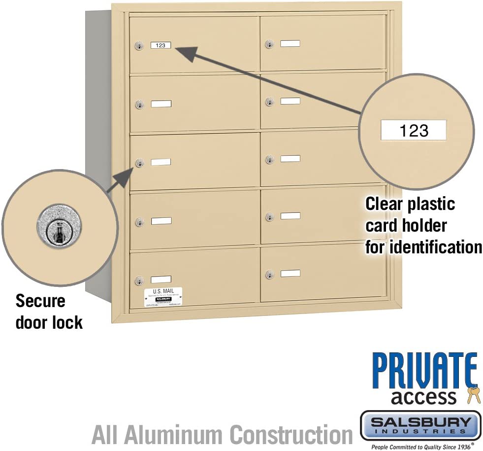 Salsbury Industries 3610SRP 4B Plus Horizontal Mailbox, 10 B Doors, Rear Loading, Private Access, Sandstone