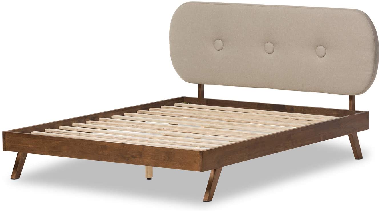 Baxton Studio Penelope Mid-Century Modern Solid Walnut Wood Grey Fabric Upholstered Full Size Platform Bed