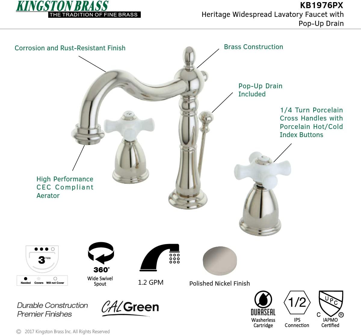 Kingston Brass KB1973PX 8 in. Widespread Bathroom Faucet, Antique Brass