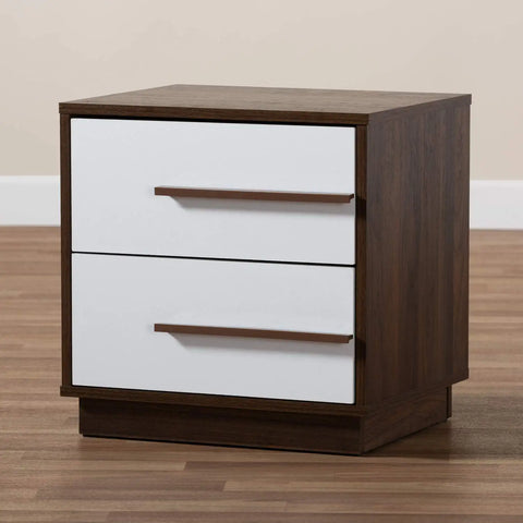 Baxton Studio Mette Mid-Century Modern Two-Tone White and Walnut Finished 2-Drawer Wood Nightstand