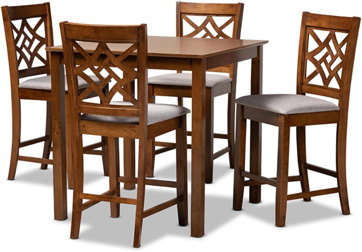 Baxton Studio Nicolette Modern and Contemporary Grey Fabric Upholstered and Walnut Brown Finished Wood 5-Piece Pub Set