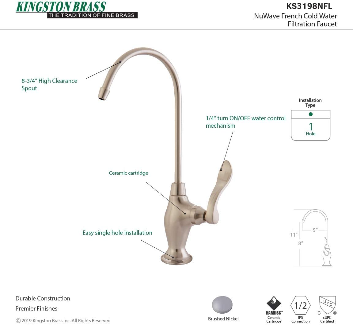 Kingston Brass Gourmetier KS3198NFL Nuwave French Single Handle Water Filtration Faucet, Brushed Nickel