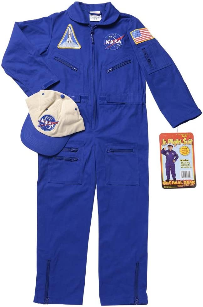 Aeromax Jr. NASA Flight Suit, Blue, with Embroidered Cap and official looking patches, size 4/6.