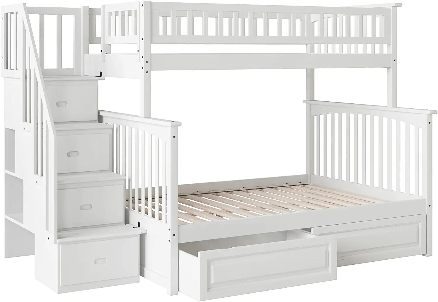 AFI Columbia Staircase Bunk with Turbo Charger and Raised Panel Bed Drawers, Twin over Full, White