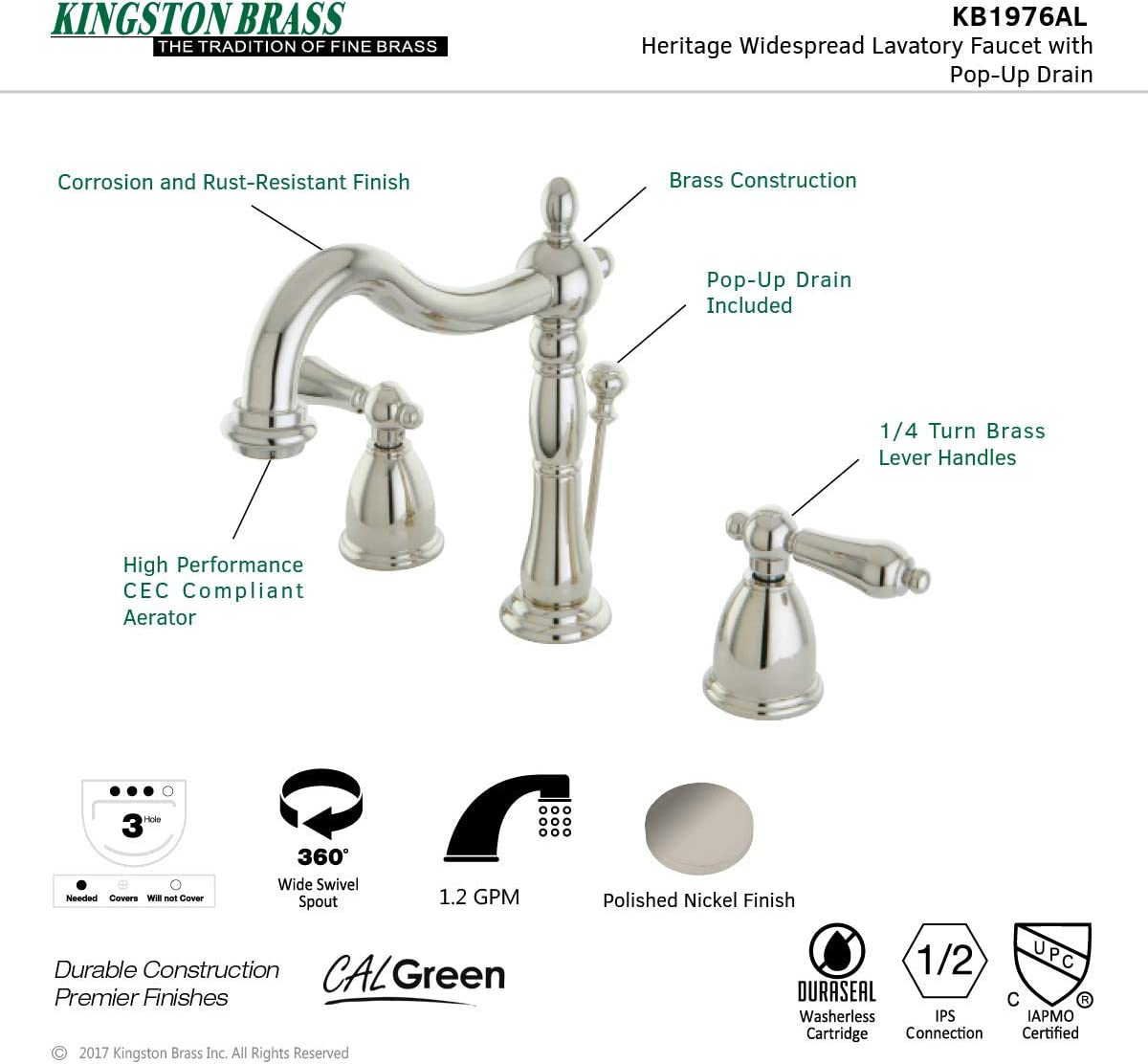 Kingston Brass KB1971AL Heritage Widespread Lavatory Faucet, Polished Chrome