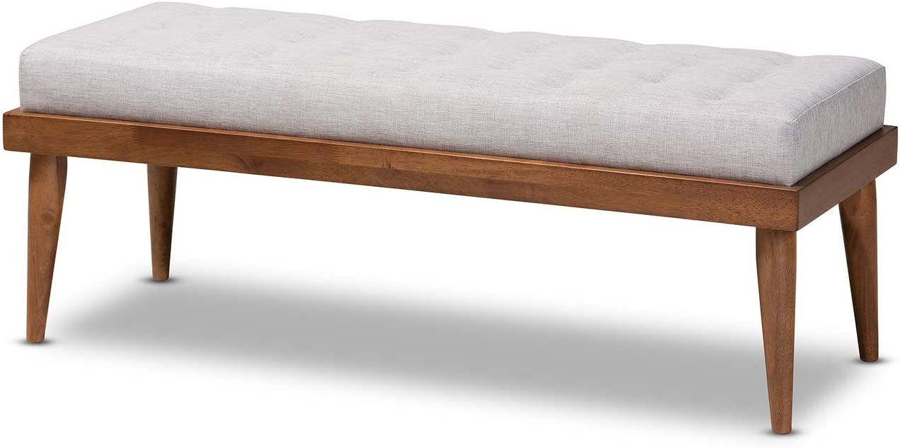 Baxton Studio Linus Mid-Century Modern Greyish Beige Fabric Upholstered and Button Tufted Wood Bench