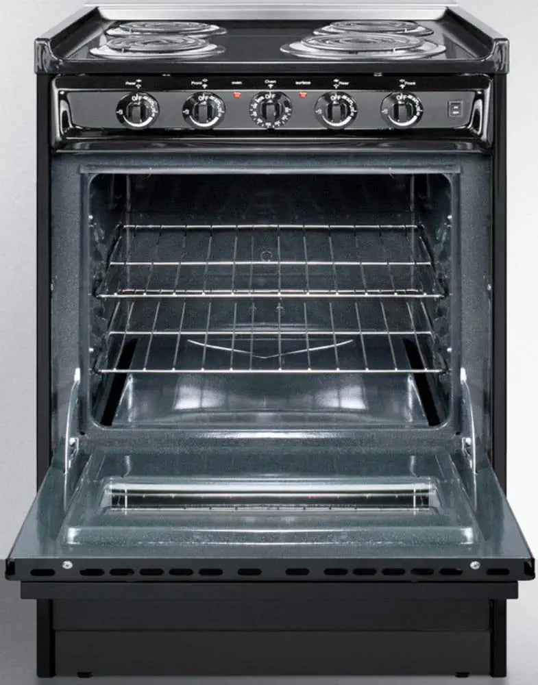 Summit Appliance TEM610CRW 24&#34; Wide Slide-in Electric Range in Black with Oven Window, Light, Lower Storage Compartment, Broiler Pan, Chrome Drip Pans, Recessed Oven Door, Push-to-turn Burner Knobs