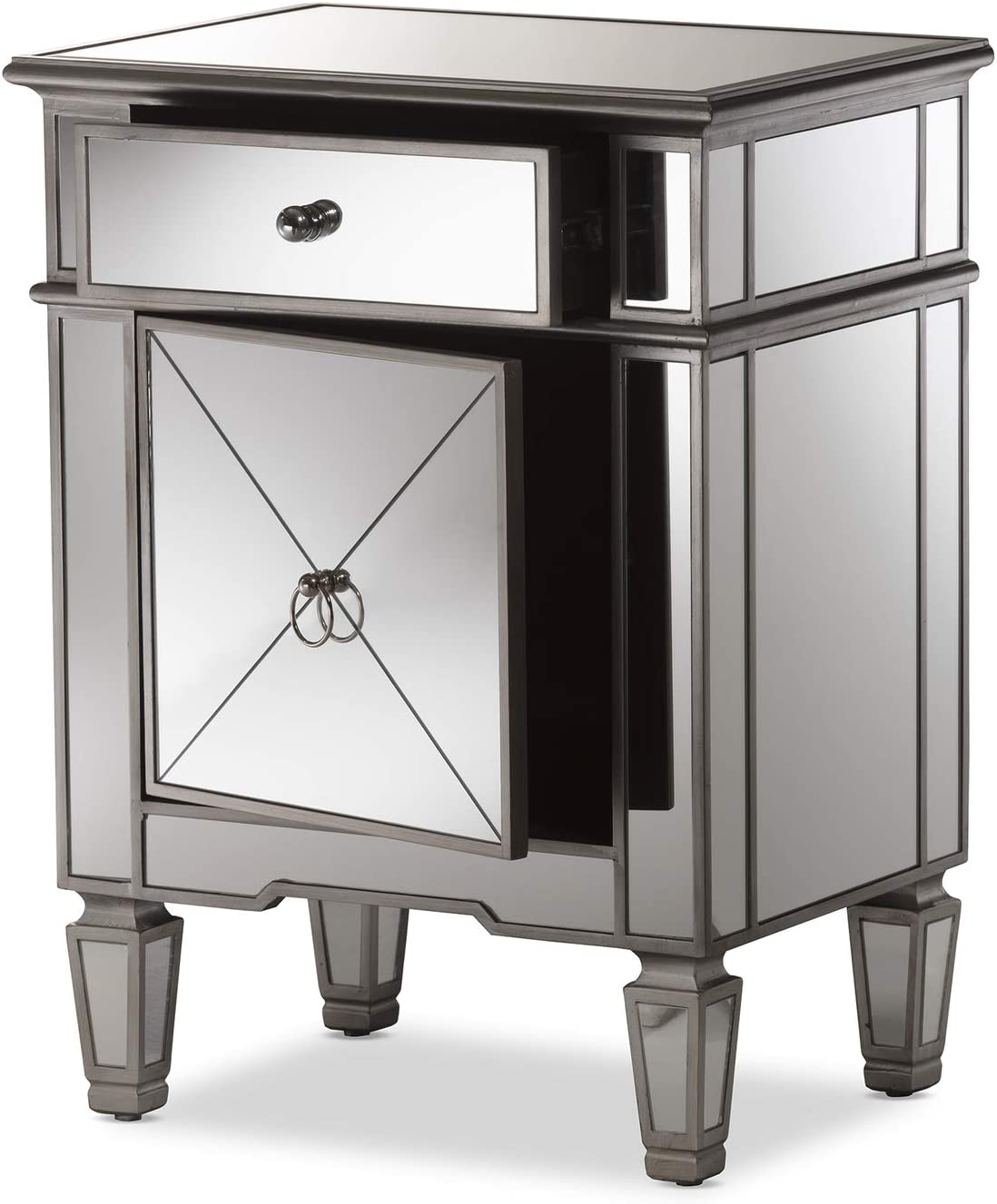 Baxton Studio Claudia Hollywood Regency Glamour Style Mirrored Nightstand Glam/Silver Mirrored/MDF