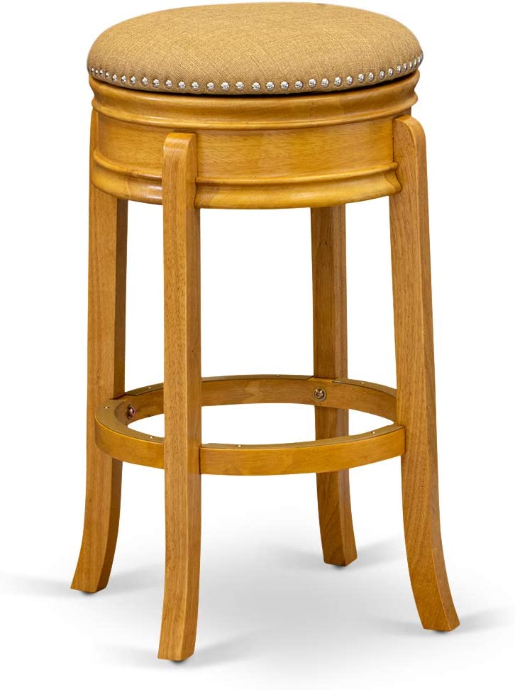 East West Furniture AMS030-416 Counter Height Bar Stool- Counter Height Bar Stool with Round Shape - Vegas Gold PU Leather Seat and 4 Solid Wood Curved Legs - Upholstered Bar Stool Oak Finish, 30