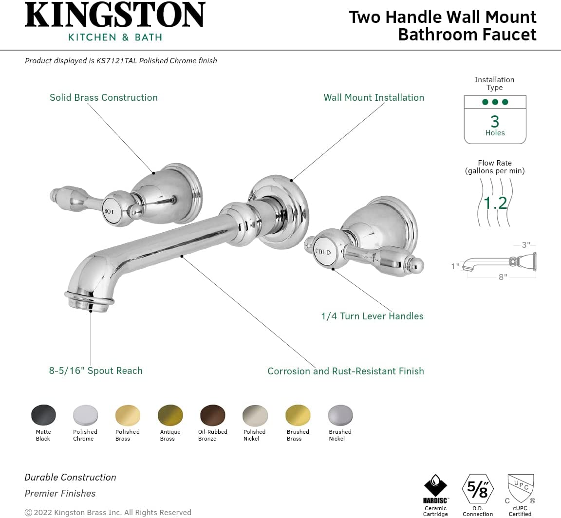 Kingston Brass KS7123TAL 8-Inch Center Wall Mount Bathroom Faucet, Antique Brass