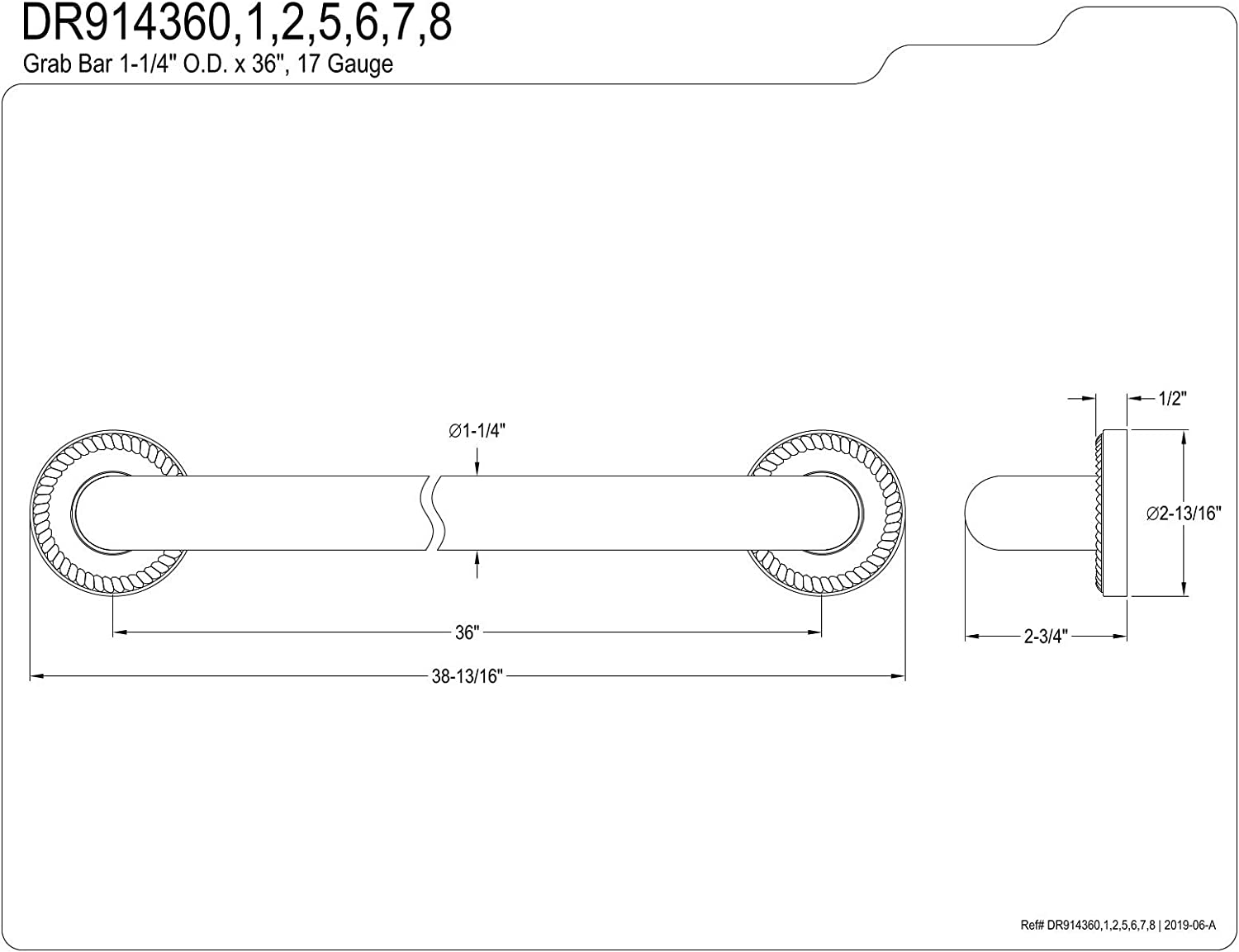 Kingston Brass DR914360 Camelon 36-Inch X 1-1/4-Inch OD Grab Bar, Matte Black