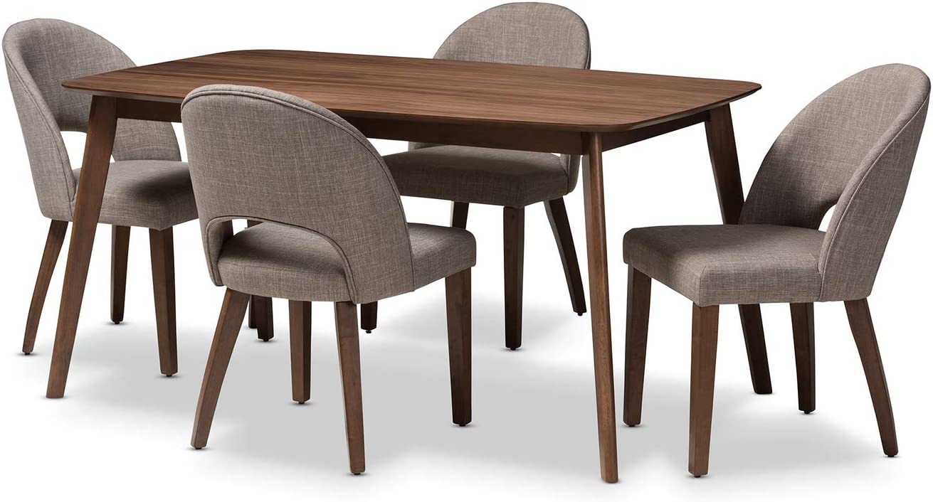 Baxton Studio Wesley Mid-Century Modern Light Grey Fabric Upholstered Walnut Finished Wood 5-Piece Dining Set