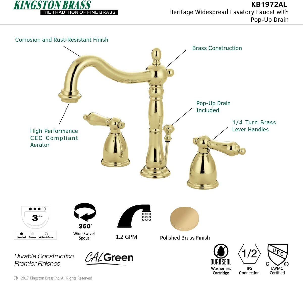 Kingston Brass KB1971AL Heritage Widespread Lavatory Faucet, Polished Chrome