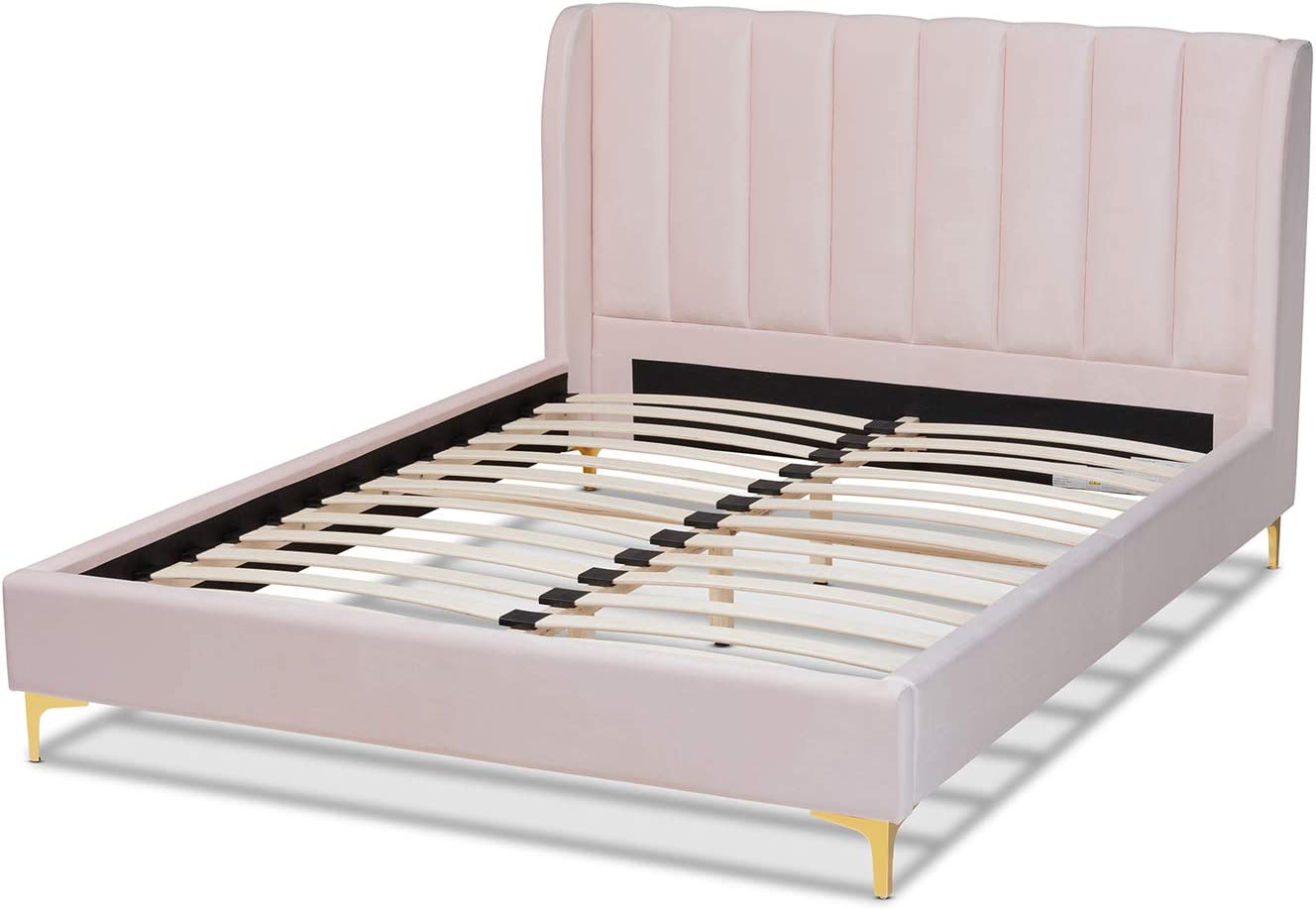 Baxton Studio Saverio Glam and Luxe Light Pink Velvet Fabric Upholstered Queen Size Platform Bed with Gold-Tone Legs