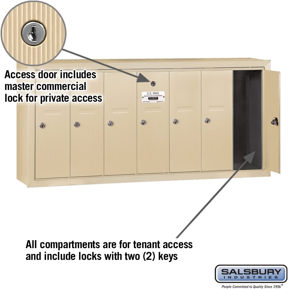 Salsbury Industries 3507SSP Surface Mounted Vertical Mailbox with Master Commercial Lock, Private Access and 7 Doors, Sandstone