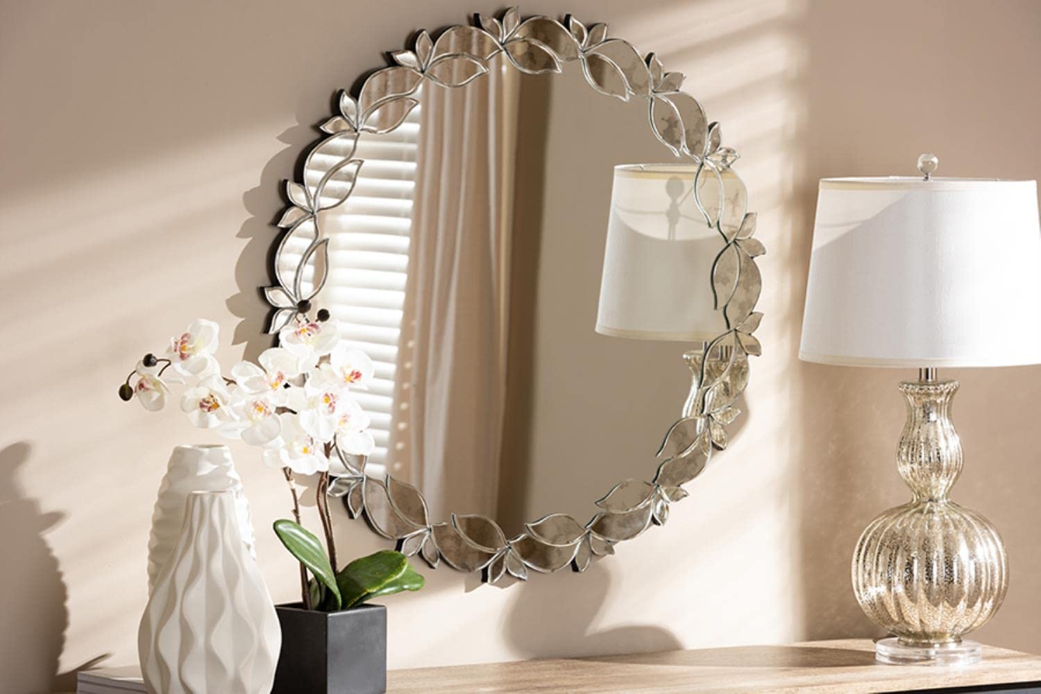 Baxton Studio Luiza Modern and Contemporary Silver Finished Round Petal Leaf Accent Wall Mirror