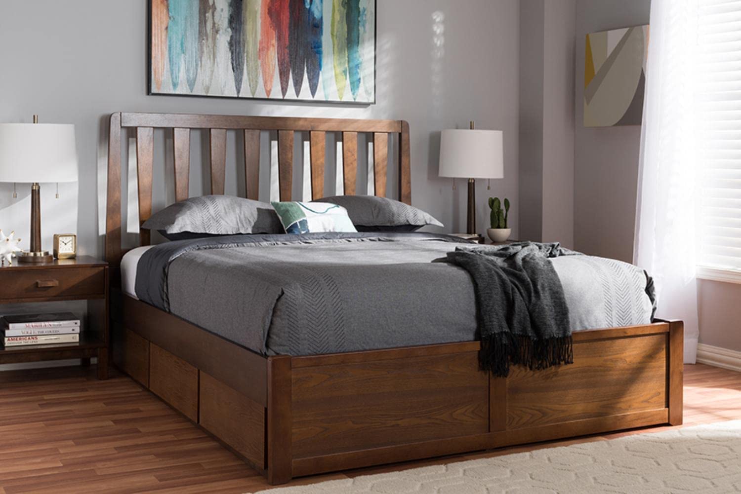 Baxton Studio Raurey Modern and Contemporary Walnut Finished Queen Size Storage Platform Bed