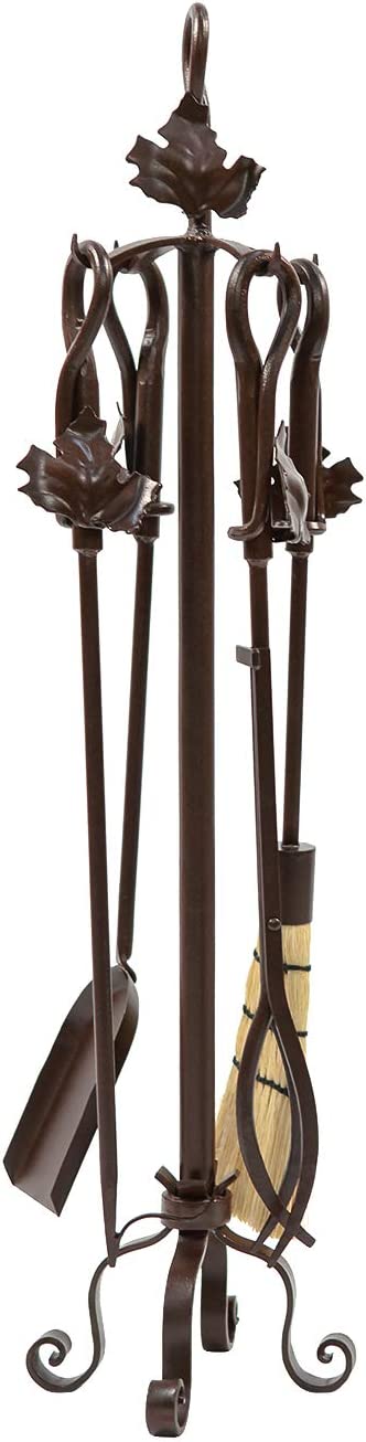 Minuteman International Maple Leaf 5-piece Wrought Iron Fireplace Tool Set, Roman Bronze